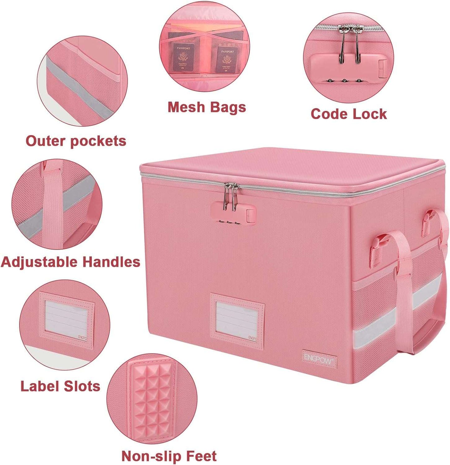 ENGPOW Pink Fireproof Document Box with Lock Zipper Pockets Collapsible