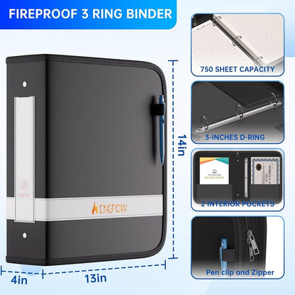 ENGPOW Fireproof 3 Ring Binder with Zipper Waterproof Document Organizer