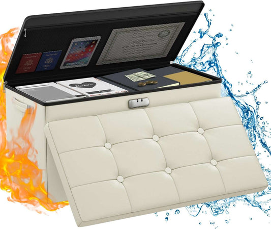 ENGPOW Storage Ottoman Bench,Fireproof Folding Storage Bench with Lock,30 Inches Fire＆Water Resistant Storage Chest Foot Rest Stool Leather Bedroom Bench with Storage Safe for Document,Valuables,Beige