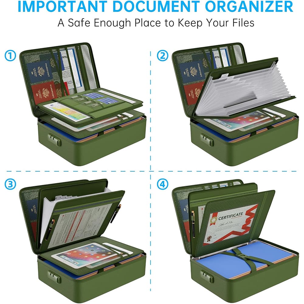 ENGPOW 5200°F Fireproof File Organizer Bag: Lockable Document Safe (Green)