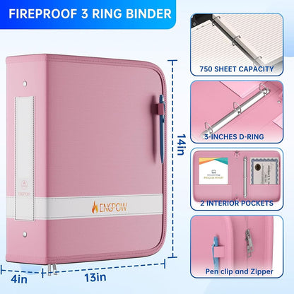 ENGPOW Pink Fireproof 3 Ring Binder with Zipper Waterproof Document Organizer