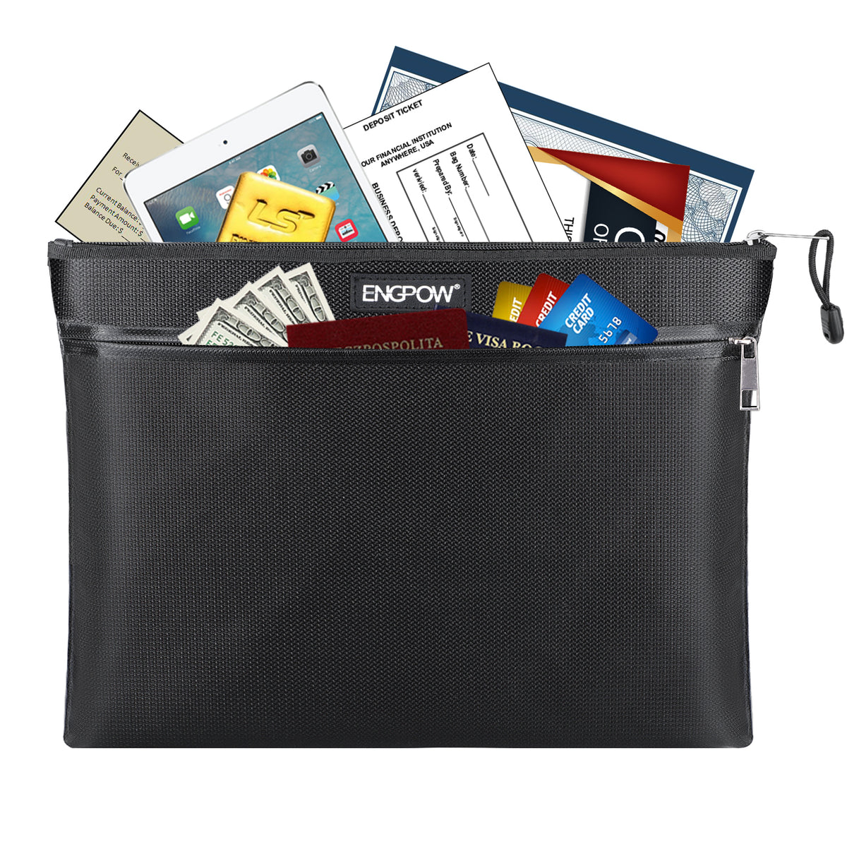 ENGPOW 2000°F Fireproof Money & Document Bag: Double Zipper Pouch (Black)
