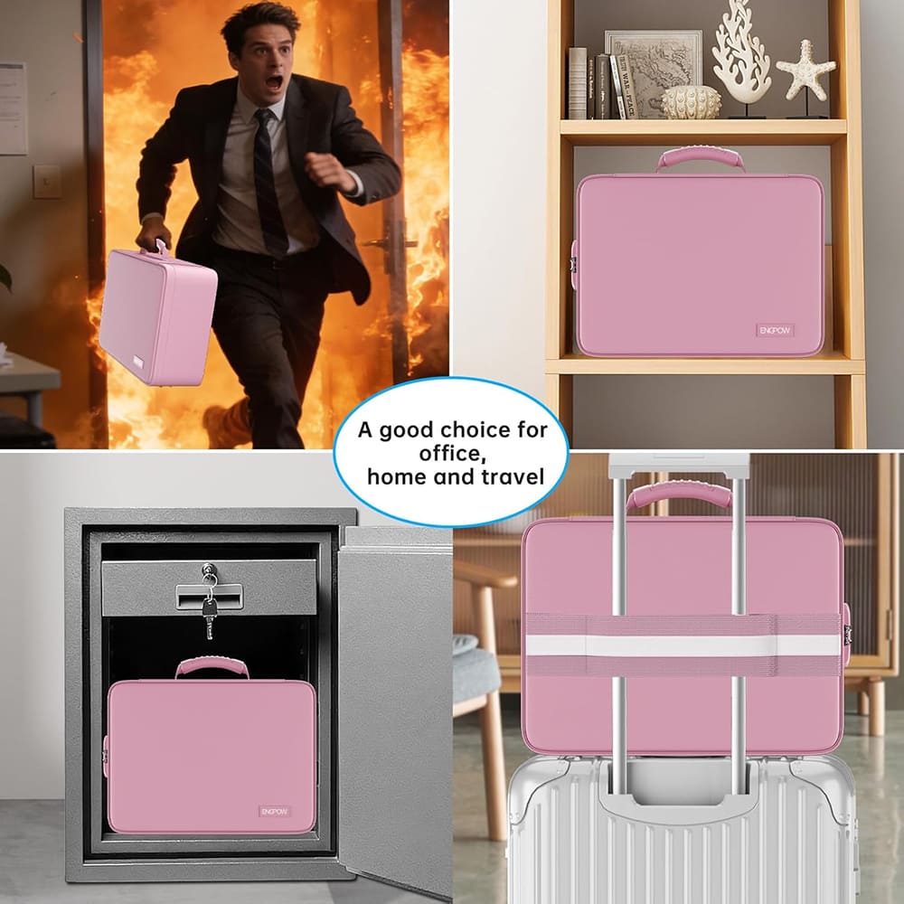 ENGPOW 5200°F Fireproof Document Organizer Bag with Lock: 13 Pockets (Pink)