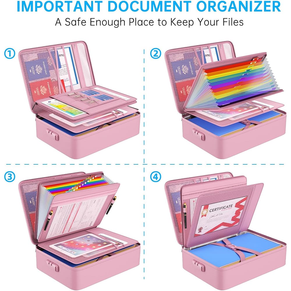 ENGPOW 5200°F Fireproof Document Organizer Bag with Lock: 13 Pockets (Pink)