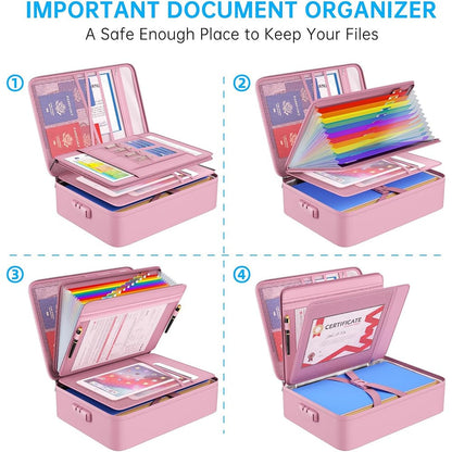 ENGPOW 5200°F Fireproof Document Organizer Bag with Lock: 13 Pockets (Pink)
