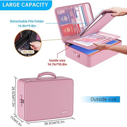 ENGPOW 5200°F Fireproof Document Organizer Bag with Lock: 13 Pockets (Pink)