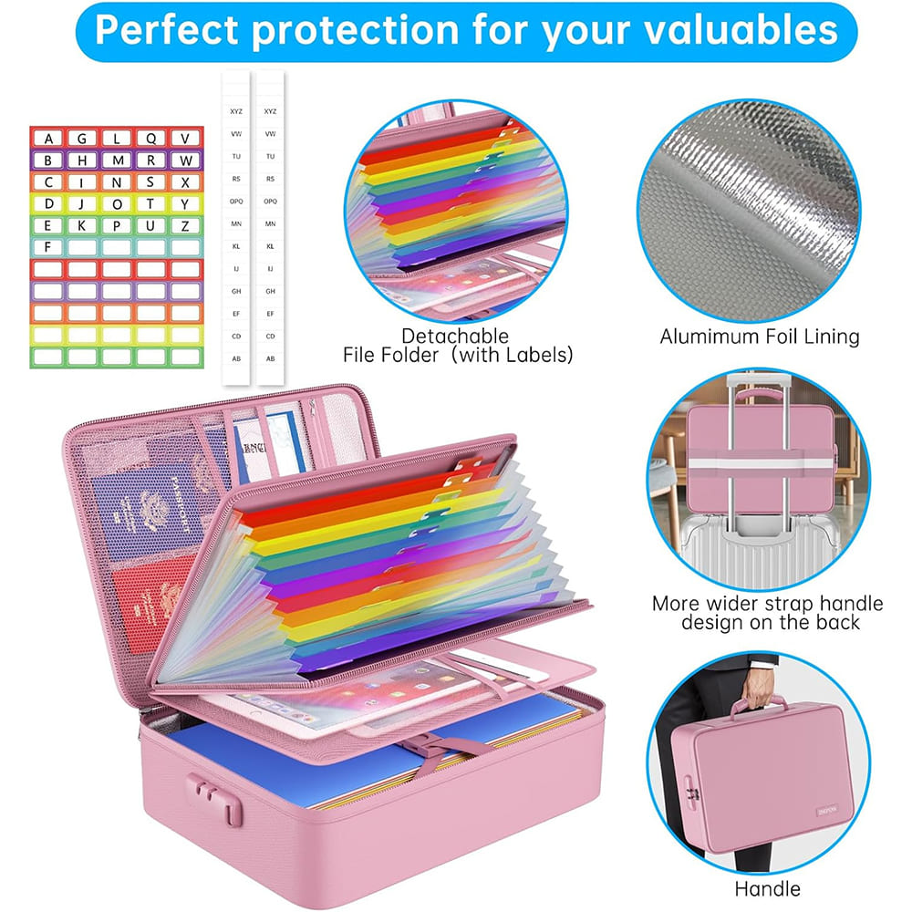 ENGPOW 5200°F Fireproof Document Organizer Bag with Lock: 13 Pockets (Pink)