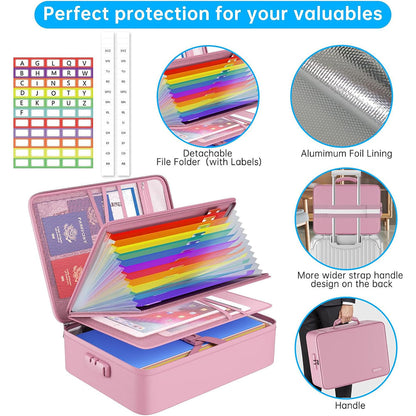 ENGPOW 5200°F Fireproof Document Organizer Bag with Lock: 13 Pockets (Pink)