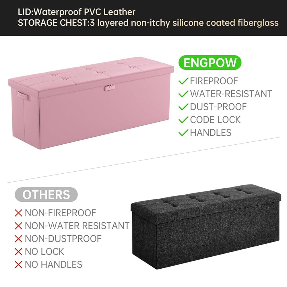 ENGPOW Fireproof Storage Bench with Lock – Folding Fireproof Footstool & Chest for Documents & Valuables, Pink