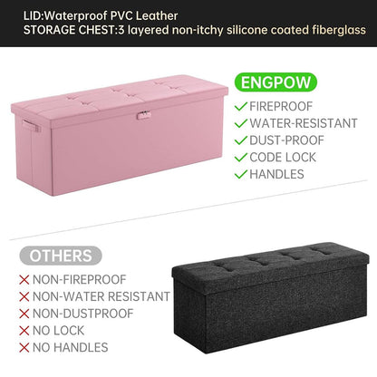 ENGPOW Fireproof Storage Bench with Lock – Folding Fireproof Footstool & Chest for Documents & Valuables, Pink
