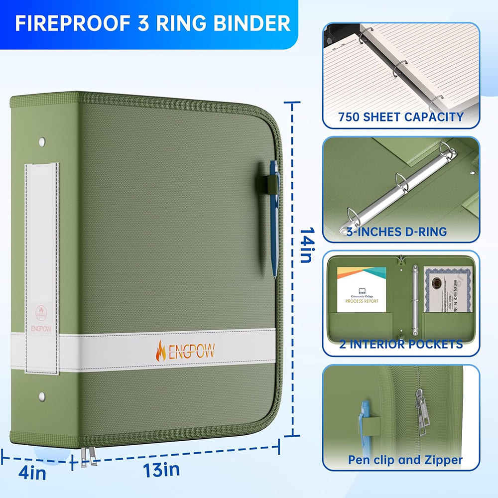 ENGPOW Fireproof Document Binder – Green 3-Ring Zipper File Organizer