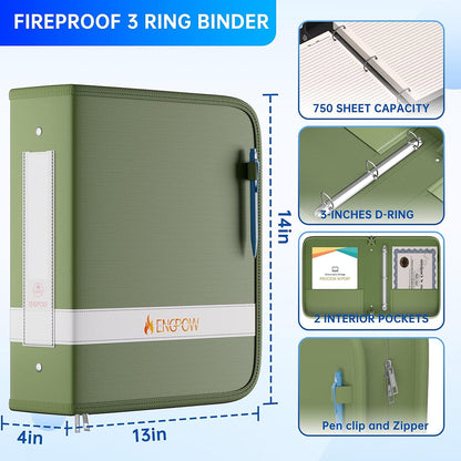 ENGPOW Fireproof Document Binder – Green 3-Ring Zipper File Organizer