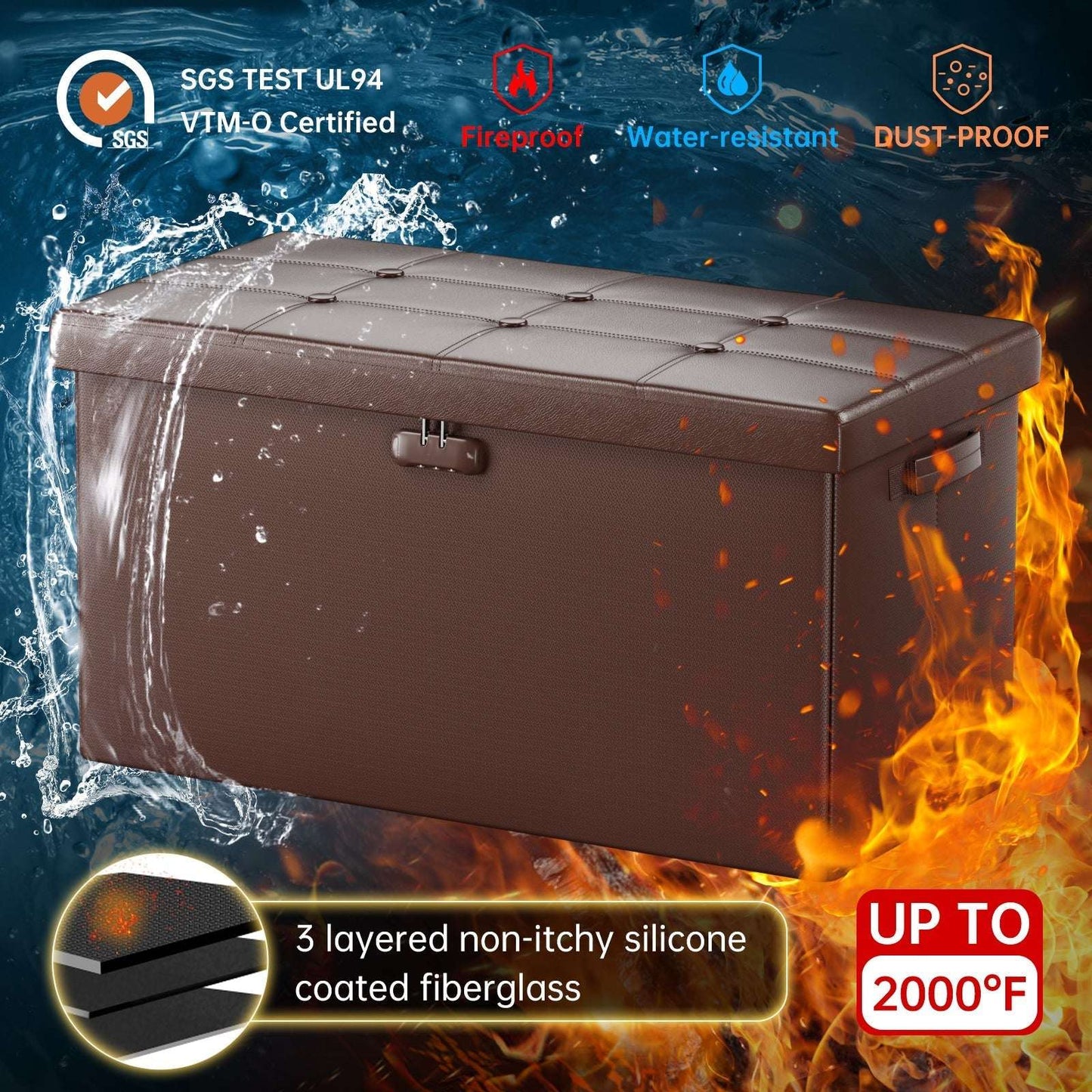 Gray Fireproof Storage Ottoman Bench Folding Bench with Lock