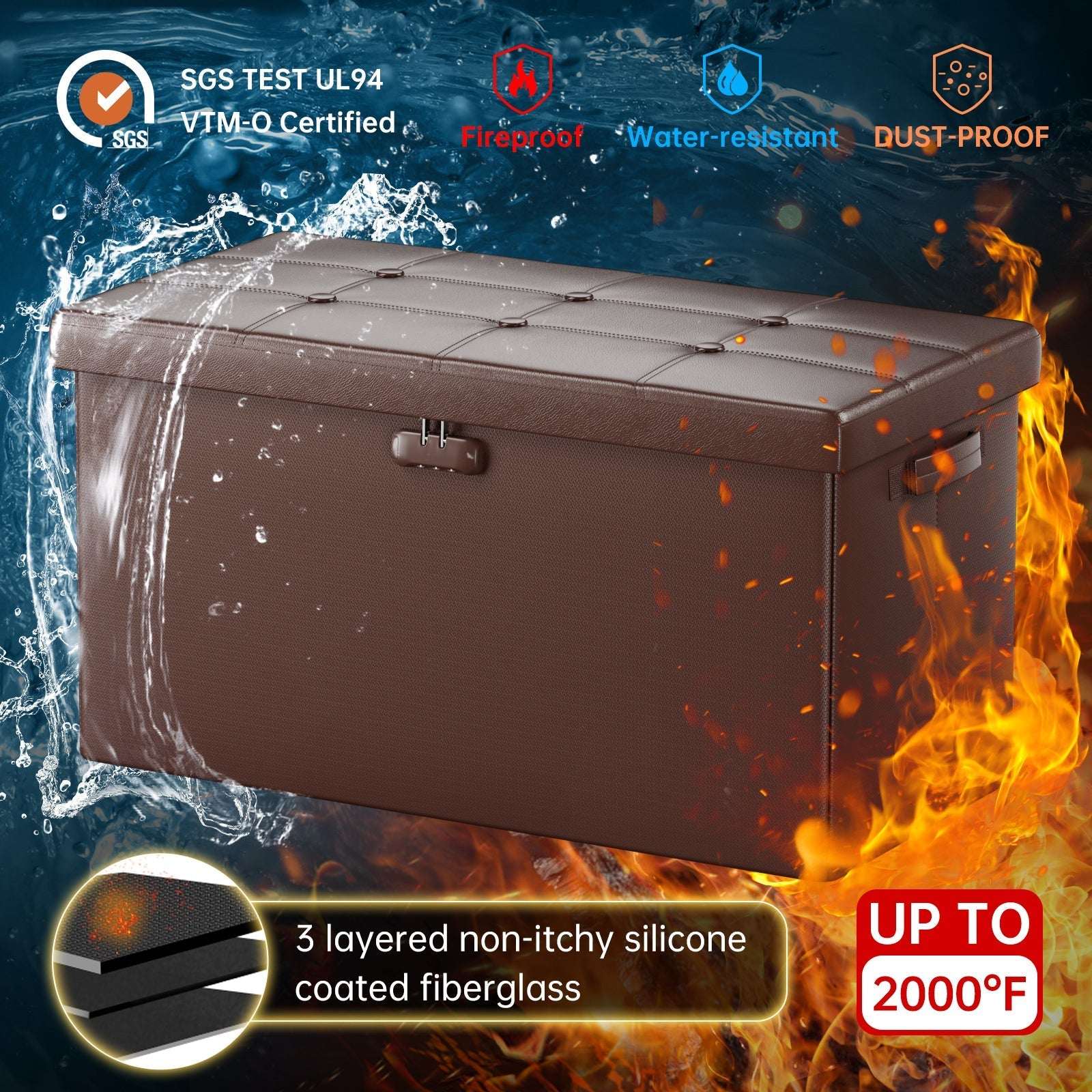 Gray Fireproof Storage Ottoman Bench Folding Bench with Lock