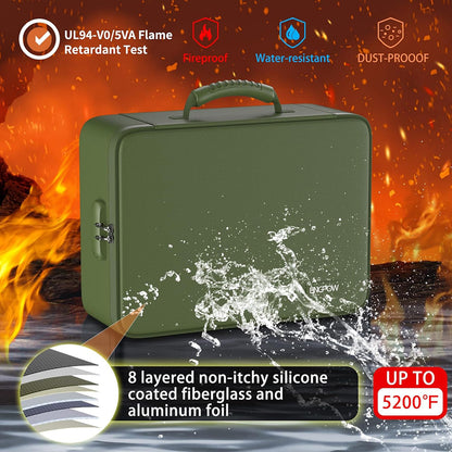 ENGPOW 5200°F Fireproof File Organizer Bag: Lockable Document Safe (Green)