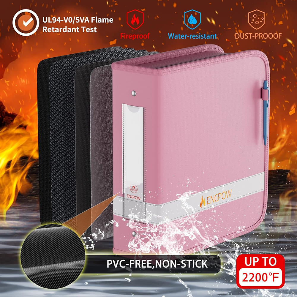 ENGPOW Pink Fireproof 3 Ring Binder with Zipper Waterproof Document Organizer