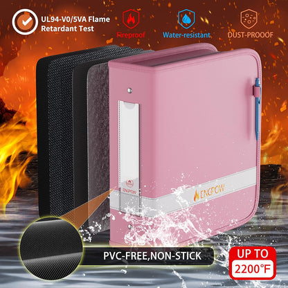 ENGPOW Pink Fireproof 3 Ring Binder with Zipper Waterproof Document Organizer