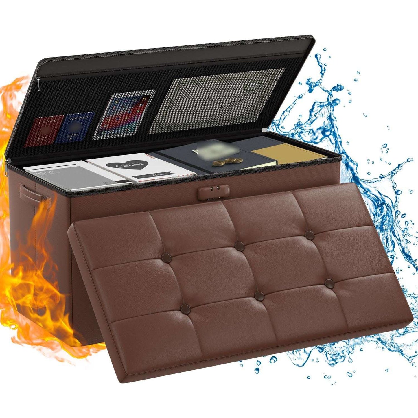 ENGPOW Storage Bench, Fireproof Folding Storage Bench with Lock, 76.2cm Fireproof and Waterproof Storage Chest Footstool Leather Bedroom Bench, Can Store Documents, Valuables, Black