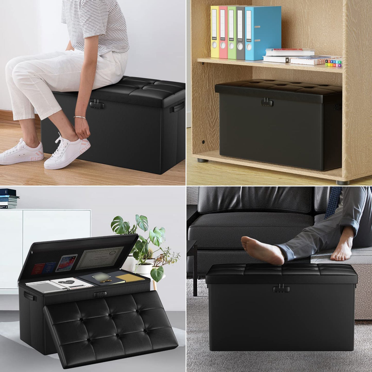ENGPOW Storage Bench, Fireproof Folding Storage Bench with Lock, 76.2cm Fireproof and Waterproof Storage Chest Footstool Leather Bedroom Bench, Can Store Documents, Valuables, Black