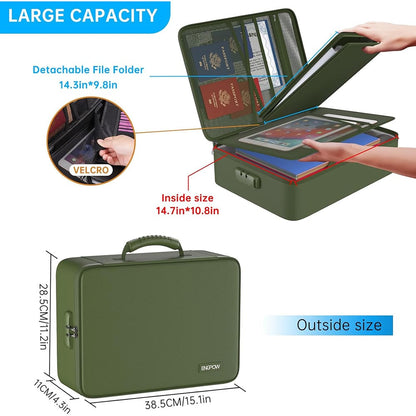 ENGPOW 5200°F Fireproof File Organizer Bag: Lockable Document Safe (Green)