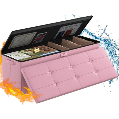 ENGPOW Fireproof Storage Bench with Lock – Folding Fireproof Footstool & Chest for Documents & Valuables, Pink