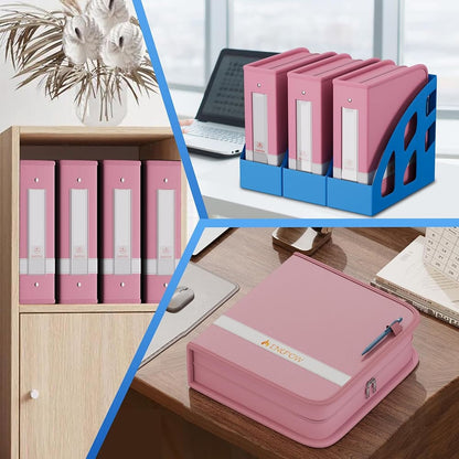 ENGPOW Pink Fireproof 3 Ring Binder with Zipper Waterproof Document Organizer
