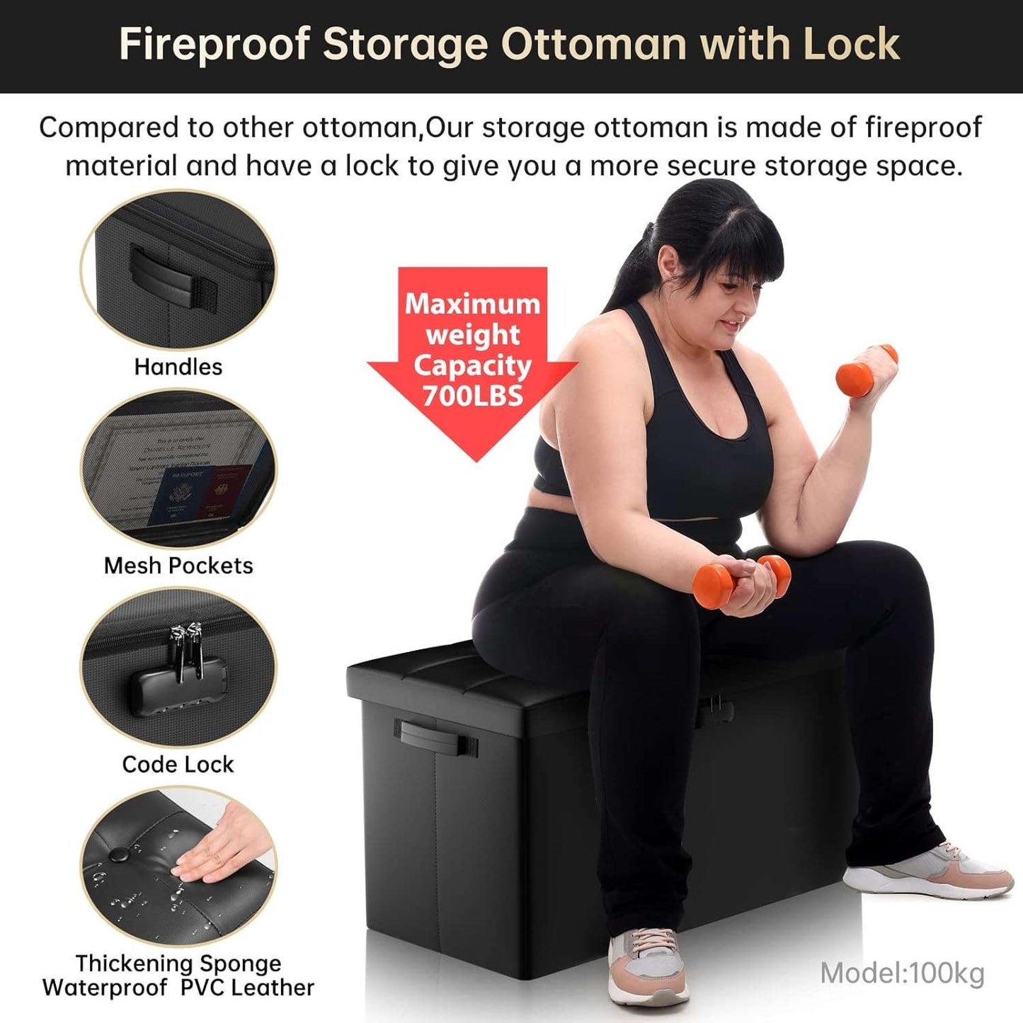 ENGPOW Storage Ottoman Bench,Fireproof Folding Storage Bench with Lock,30 Inches Fire＆Water Resistant Storage Chest Foot Rest Stool Leather Bedroom Bench with Storage Safe for Document,Valuables,Black