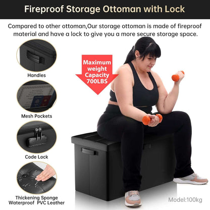 ENGPOW Storage Ottoman Bench,Fireproof Folding Storage Bench with Lock,30 Inches Fire＆Water Resistant Storage Chest Foot Rest Stool Leather Bedroom Bench with Storage Safe for Document,Valuables,Black