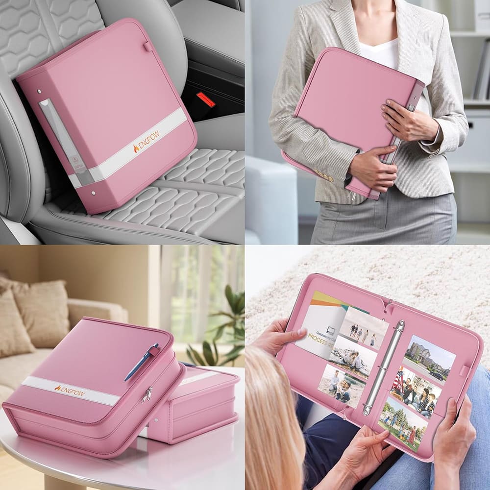 ENGPOW Pink Fireproof 3 Ring Binder with Zipper Waterproof Document Organizer