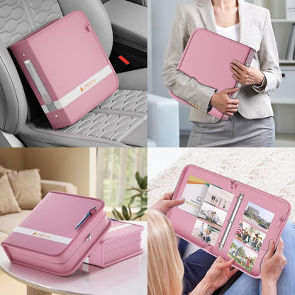 ENGPOW Pink Fireproof 3 Ring Binder with Zipper Waterproof Document Organizer