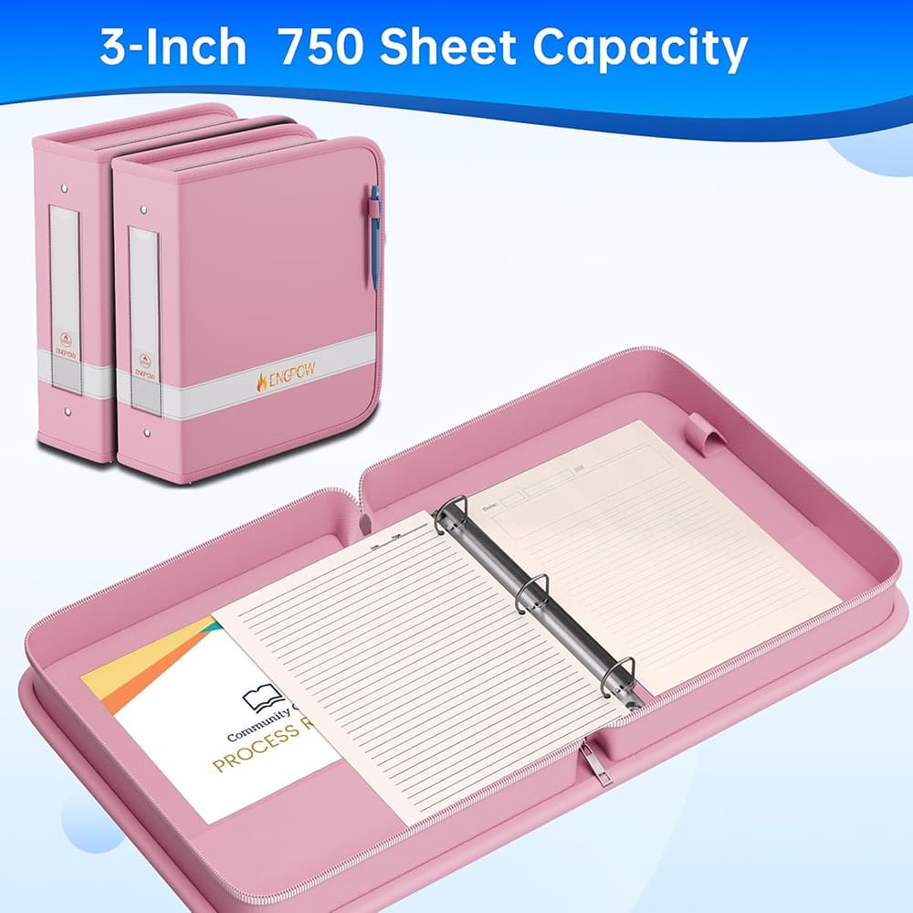 ENGPOW Pink Fireproof 3 Ring Binder with Zipper Waterproof Document Organizer