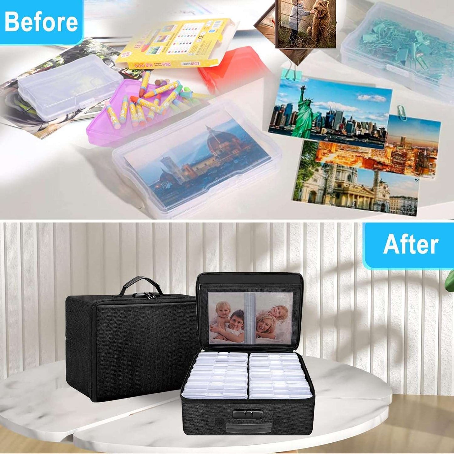 ENGPOW Fireproof Photo Storage Box with 16 Inner 4" x 6" Photo Case(Clear),Photo Box Organizer with Lock,Collapsible Portable Photo Storage Containers with Handle for Photos,Picture,Valuables