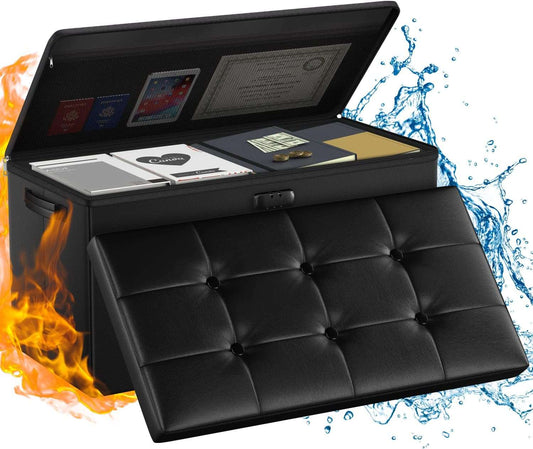 ENGPOW Storage Ottoman Bench,Fireproof Folding Storage Bench with Lock,30 Inches Fire＆Water Resistant Storage Chest Foot Rest Stool Leather Bedroom Bench with Storage Safe for Document,Valuables,Black