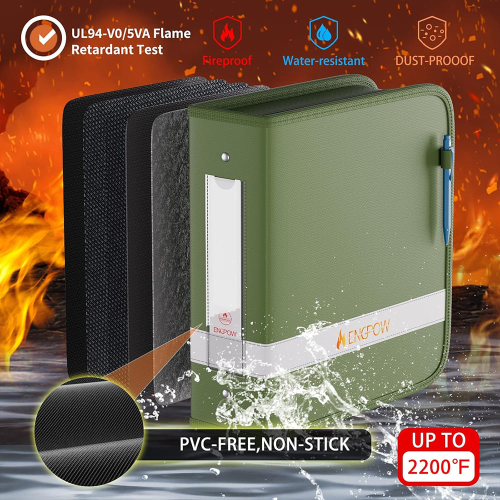 ENGPOW Fireproof Document Binder – Green 3-Ring Zipper File Organizer