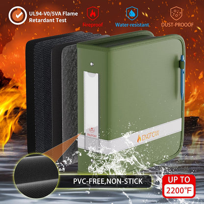 ENGPOW Fireproof Document Binder – Green 3-Ring Zipper File Organizer