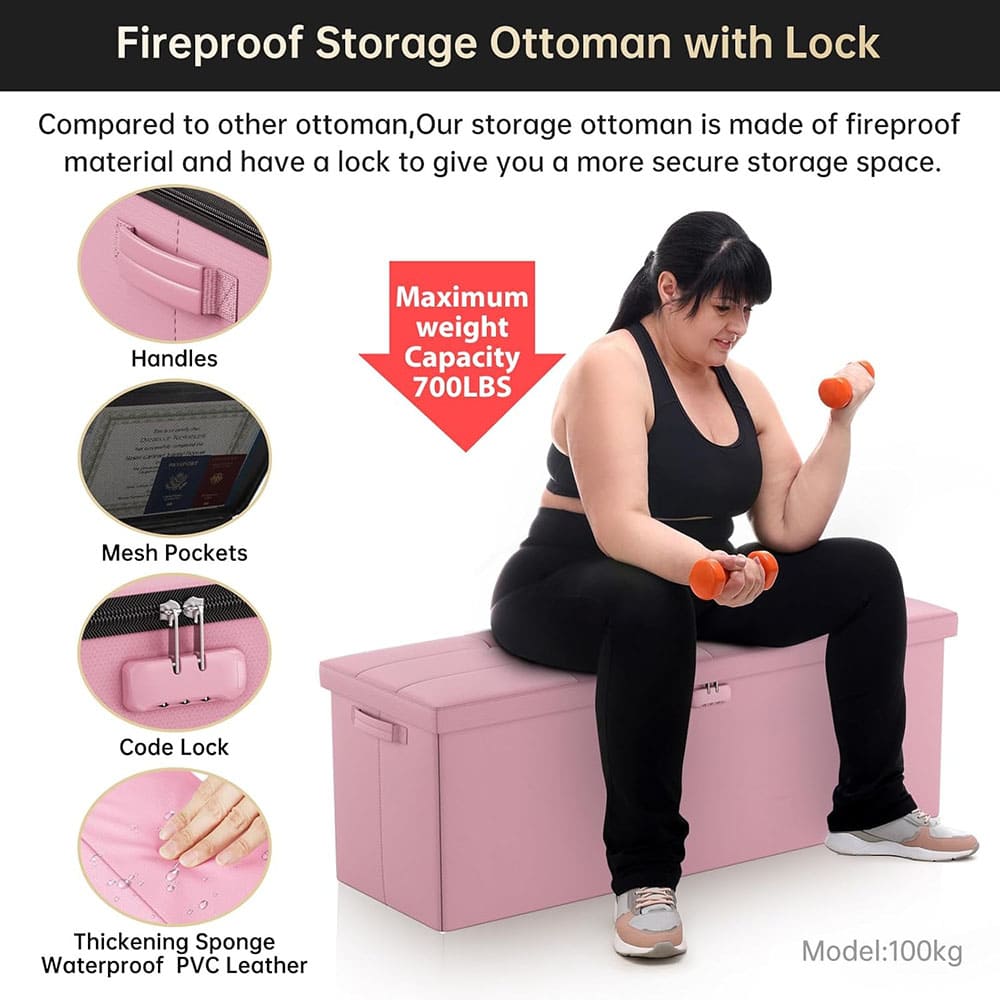 ENGPOW Fireproof Storage Bench with Lock – Folding Fireproof Footstool & Chest for Documents & Valuables, Pink