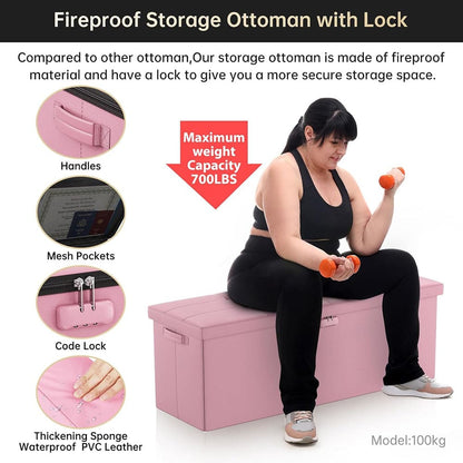 ENGPOW Fireproof Storage Bench with Lock – Folding Fireproof Footstool & Chest for Documents & Valuables, Pink