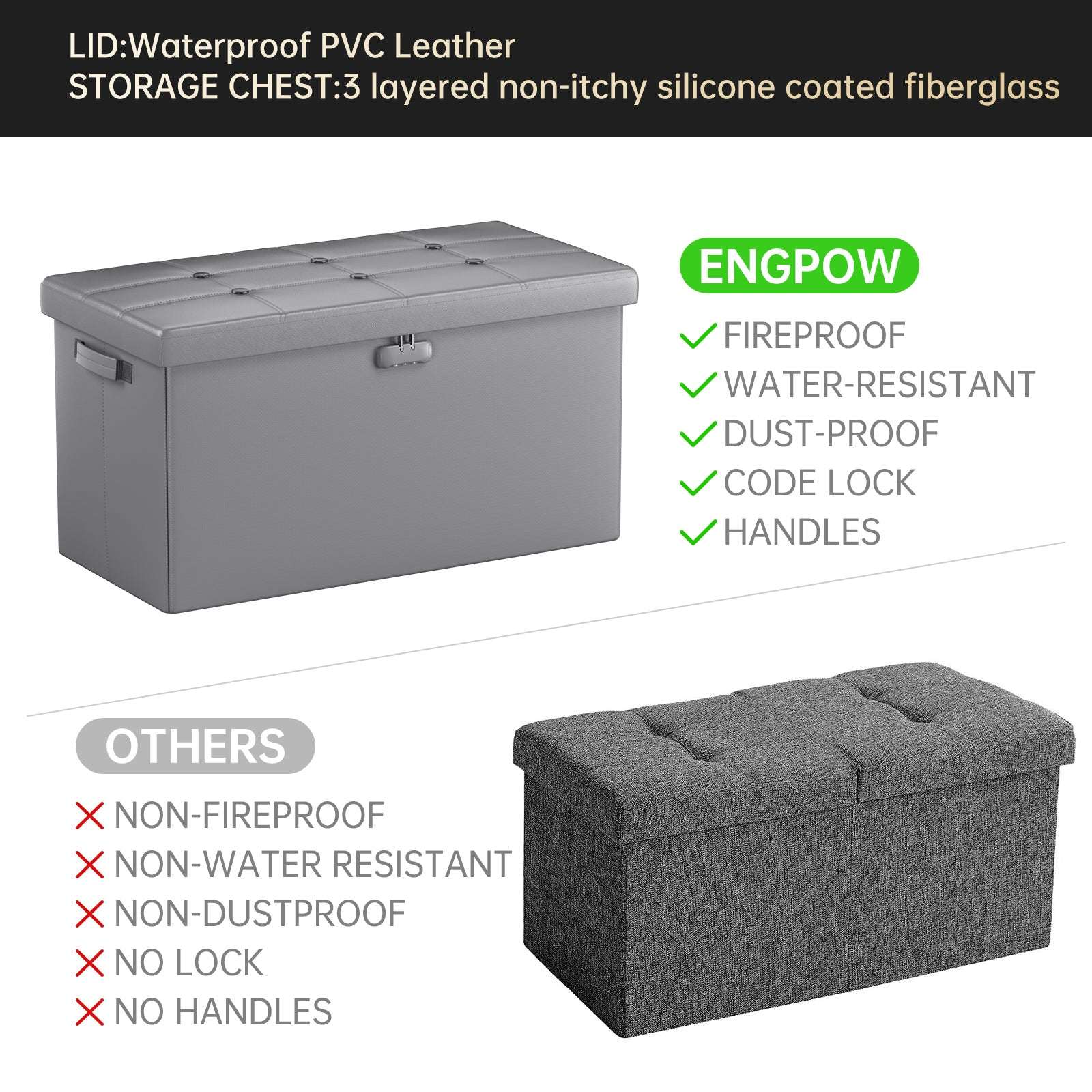 Pink Fireproof Storage Ottoman Bench Folding Bench with Lock