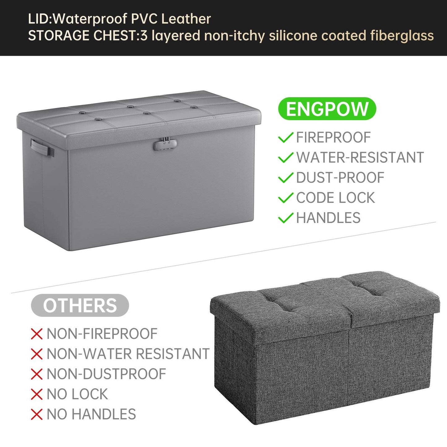 Gray Fireproof Storage Ottoman Bench Folding Bench with Lock