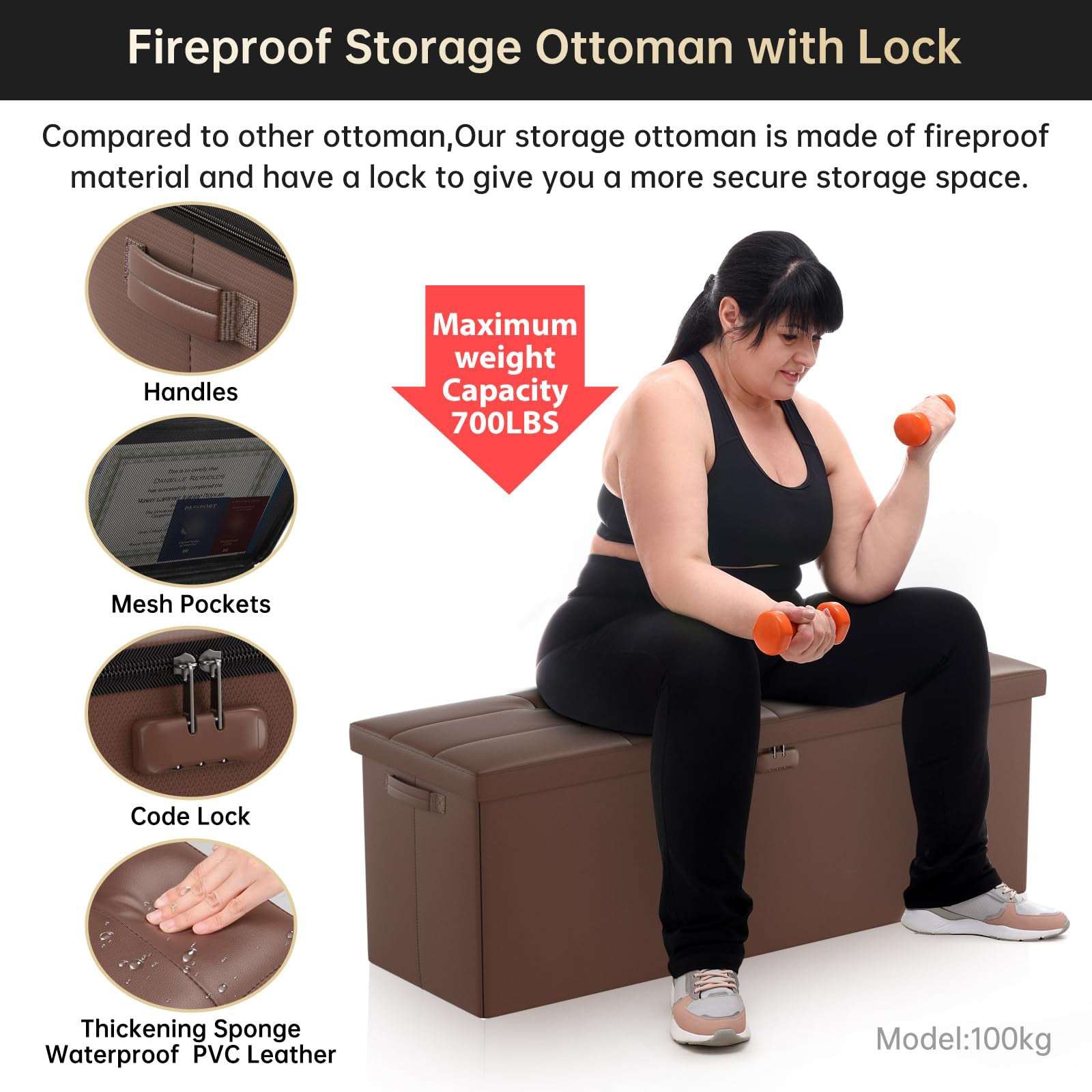 ENGPOW Storage Bench, Fireproof Folding Storage Bench with Lock, 76.2cm Fireproof and Waterproof Storage Chest Footstool Leather Bedroom Bench, Can Store Documents, Valuables, Black