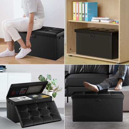 ENGPOW Storage Ottoman Bench,Fireproof Folding Storage Bench with Lock,30 Inches Fire＆Water Resistant Storage Chest Foot Rest Stool Leather Bedroom Bench with Storage Safe for Document,Valuables,Black