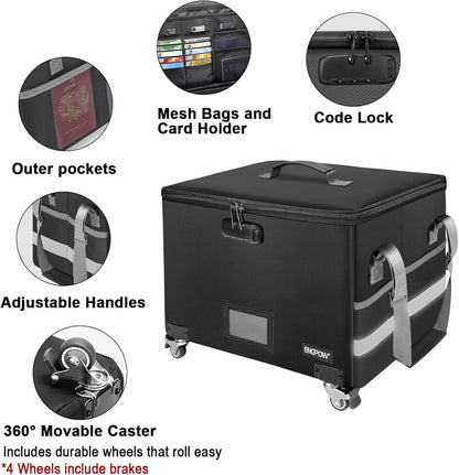 ENGPOW File Box with Wheels, Fireproof Document Box with Lock,Collapsible Rolling File Storage Organizer Box Filing Cabinet with Pockets,Portable Home Office Safe Box for Hanging Letter/Legal Folder