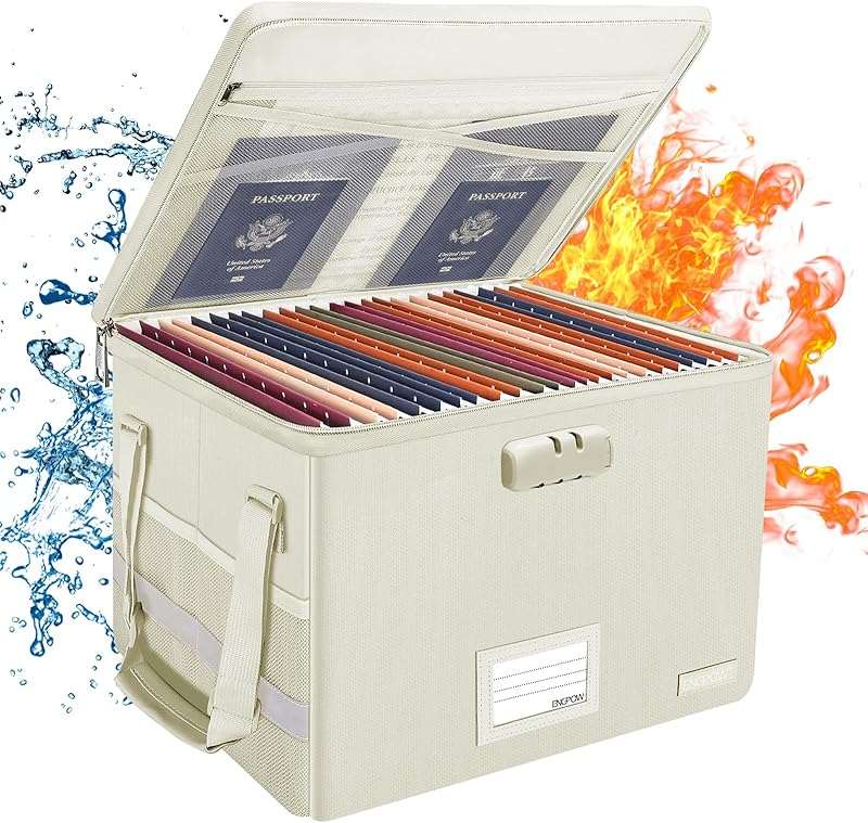 ENGPOW Pink Fireproof Document Box with Lock Zipper Pockets Collapsible