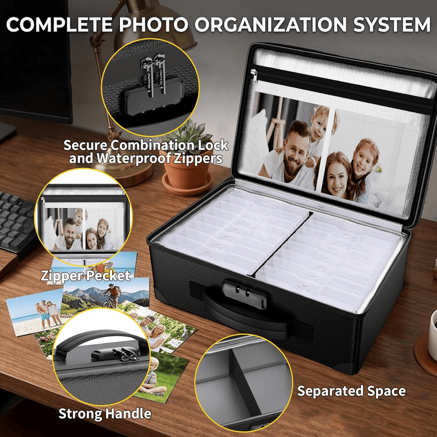 ENGPOW Fireproof 5200°F Photo Storage Box with 16 Inner 4" x 6" Photo Case(Clear), Photo Organizer with Lock, Portable Acid-Free Photo Keeper Safe Storage with Handles for Home, Office, Travel
