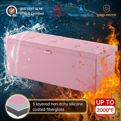 ENGPOW Fireproof Storage Bench with Lock – Folding Fireproof Footstool & Chest for Documents & Valuables, Pink