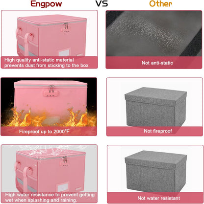 ENGPOW File Box with Lock, File Storage Organizer Box with Zipper Lid,Collapsible Fireproof Document Box Filing Box with Handle,Portable Home Office Safe Box for Hanging Letter/Legal Folder,Pink