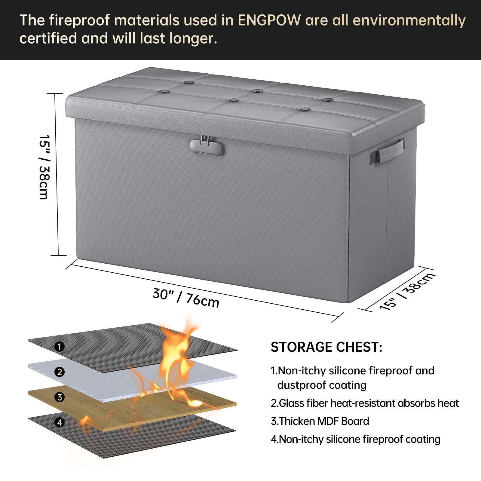 Gray Fireproof Storage Ottoman Bench Folding Bench with Lock