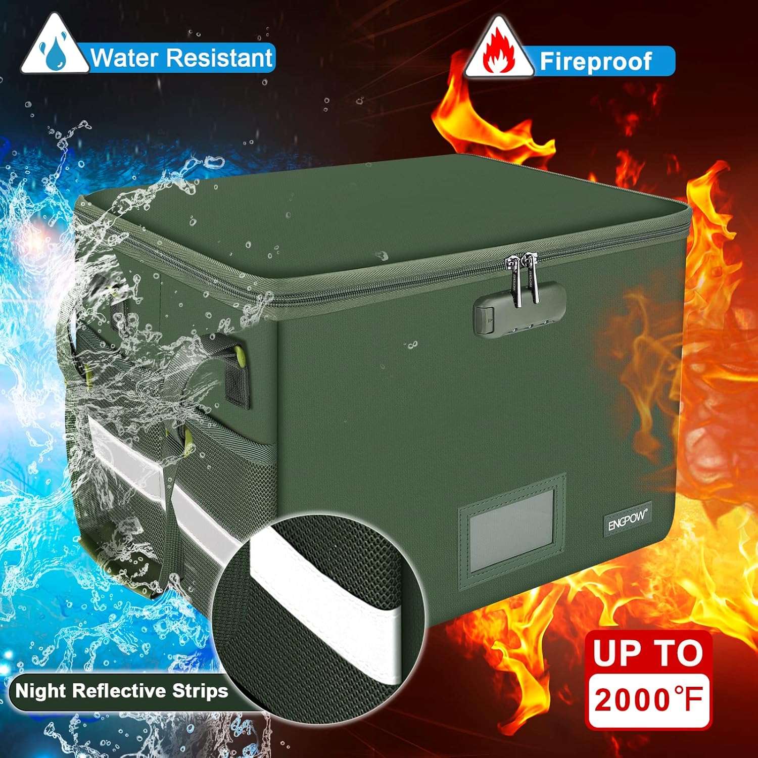 ENGPOW File Box with Lock,Fireproof Document Box with Pockets,Collapsible File Storage Organizer Filing Box with Handle,Portable Home Office File Cabinet Safe for Hanging Folders,2 Pack(Green)