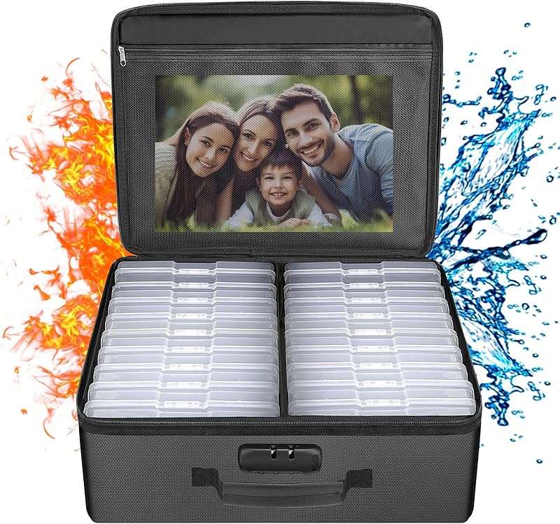 ENGPOW Fireproof Photo Storage Box with 16 Inner 4" x 6" Photo Case(Clear),Photo Box Organizer with Lock,Collapsible Portable Photo Storage Containers with Handle for Photos,Picture,Valuables