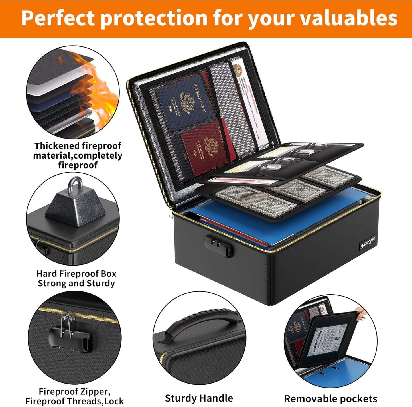 ENGPOW Fireproof Document Box,Hard Fireproof Box with Fireproof Zipper＆Lock,Fireproof Water Resistant Box File Organizer Storage Box Portable Safe for Important Documents,Files,Laptop,Valuable,Black